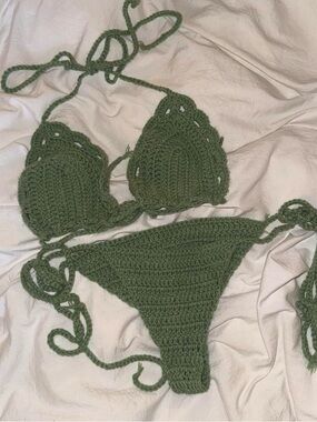 Handmade Olive Crochet Triangle Bikini Set - Tie-Side Swim Top & Bottom